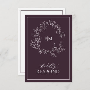 Plum Purple Leafy Escudo Monograma Boda RSVP Tarje