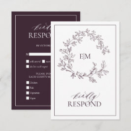 Plum Purple Leafy Escudo Monograma Boda RSVP Tarje