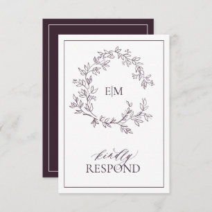 Plum Purple Leafy Escudo Monograma Boda RSVP Tarje