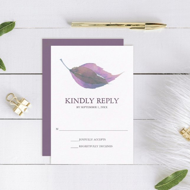 Plum Púrpura Acuarela Caída Boda Hoja RSVP (rsvp card dusty plum purple wedding minimalistic leaf )