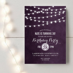 Plum String Lights Birday Party Invitación