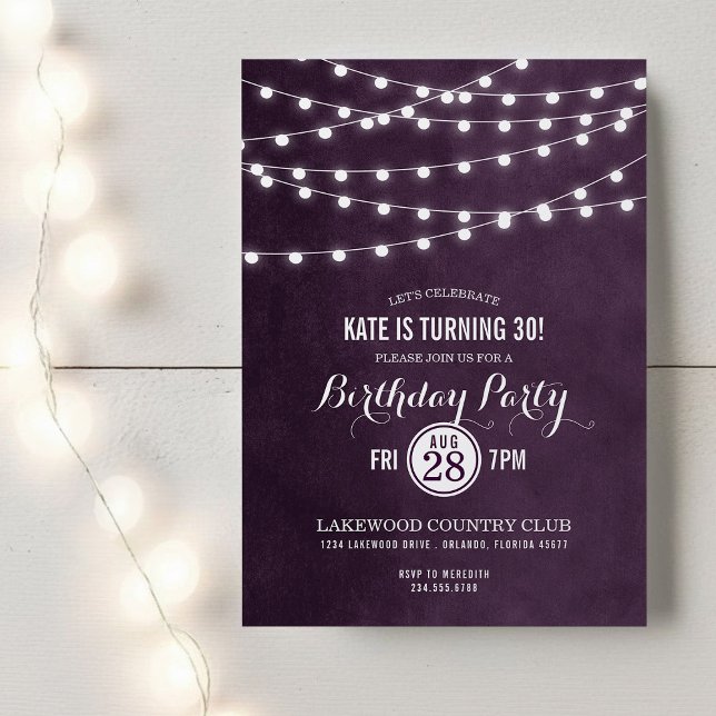 Plum String Lights Birday Party Invitación (Subido por el creador)