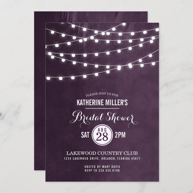 Plum String Lights Bridal Shower Invitación (Anverso / Reverso)