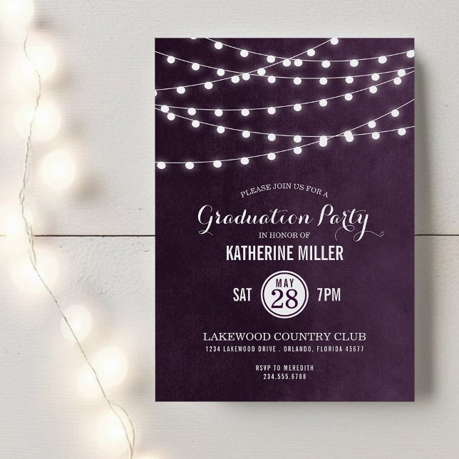 Plum String Lights Graduation Party Invitación (Subido por el creador)