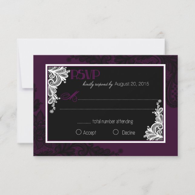Plum White and Black Lace Elegante tarjeta RSVP (Anverso)