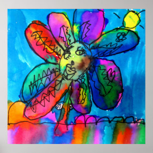 Pluma de arte de feliz flor y rosa y azul