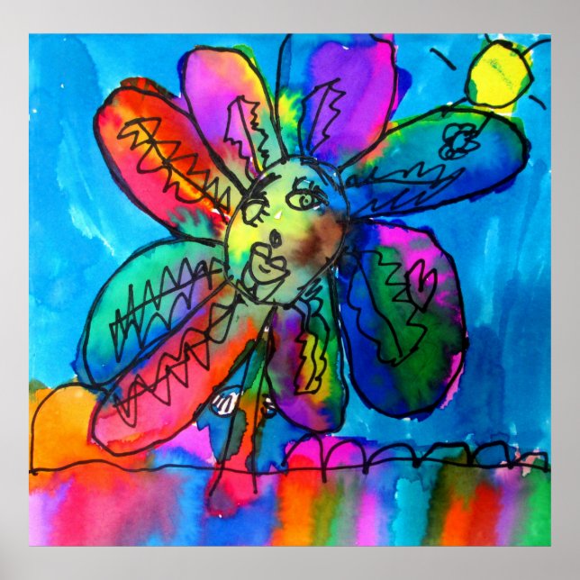 Pluma de arte de feliz flor y rosa y azul (Frente)