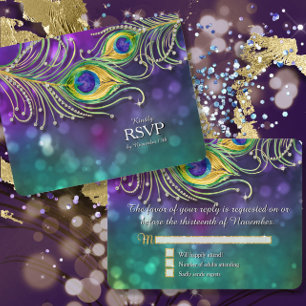 Pluma de Pavo Real Boda Dorado Brillo Joyas RSVP