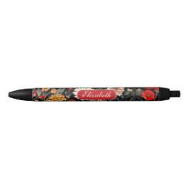 Pluma personalizable floral roja y crema oscura
