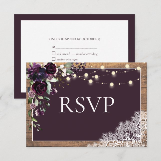 Pluma rústica Purple Floral Lace Wood Wedding RSVP (Anverso / Reverso)