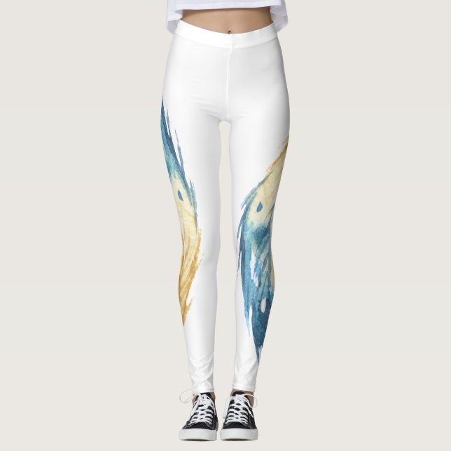 Plumas Azules Elegantes en Leggings Blancos (Anverso)