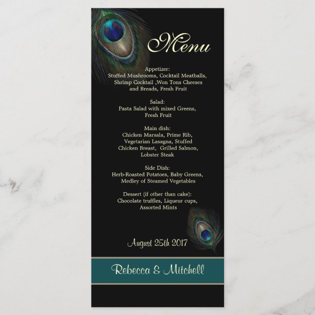 Plumas de pavo real azul verde en el menú negro (Anverso)