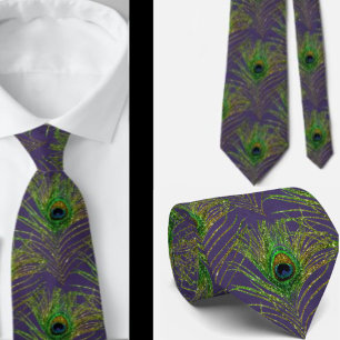 Plumas de pavo real corbata cuello púrpura dorado