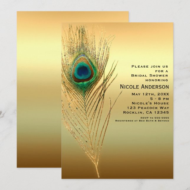 Plumas de pavo real doradas invitaciones exóticas  (Anverso / Reverso)