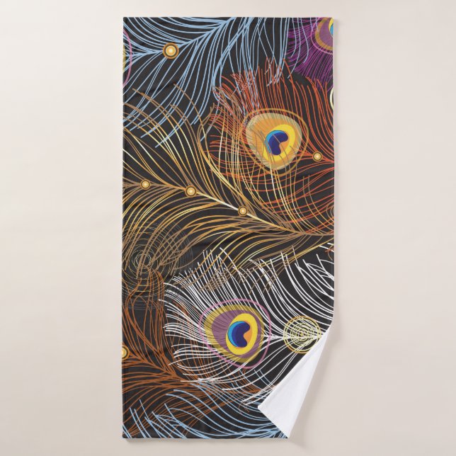 Plumas de pavo real dorado: patrón oscuro. (Toalla de baño)