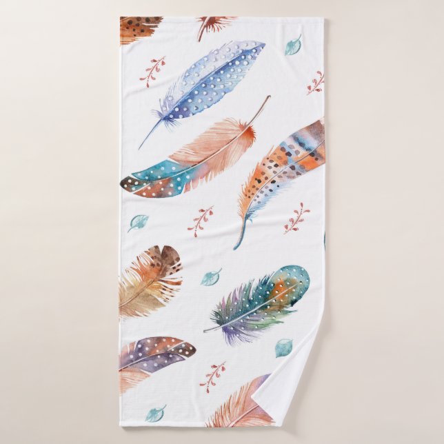 Plumas dibujadas a mano: Patrón de fondo blanco (Toalla de baño)