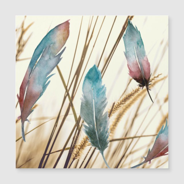 Plumas en acuarela sobre fondo de pasto seco (Anverso)