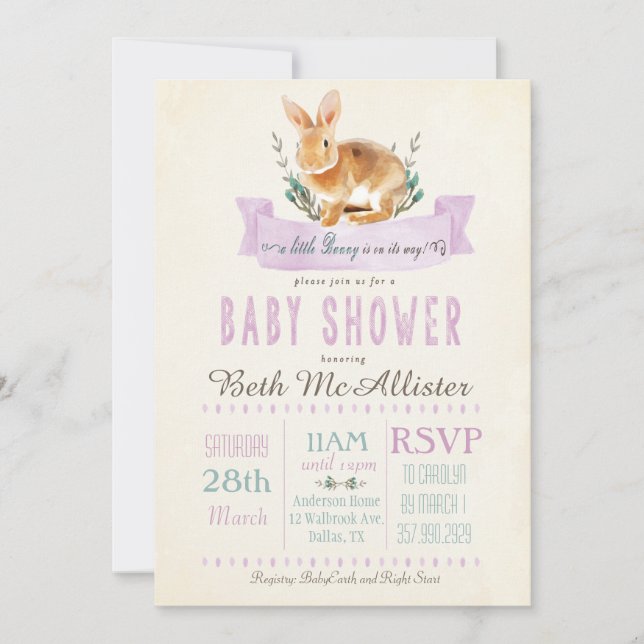 Poca invitación de Baby Shower del conejito (Anverso)