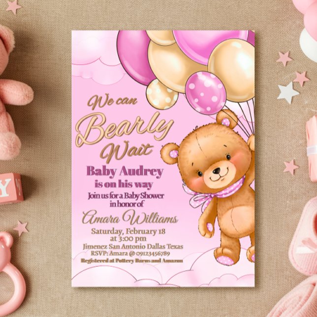 Podemos esperar anticipadamente - Invitación Chica (We Can Bearly Wait - Girl Baby Shower Invitation)