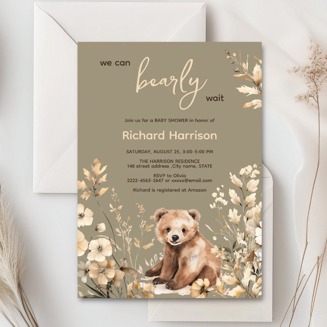 Podemos esperar con ansias la invitación a la duch (Cute watercolor forest bear with rustic beige flowers baby shower invitation)