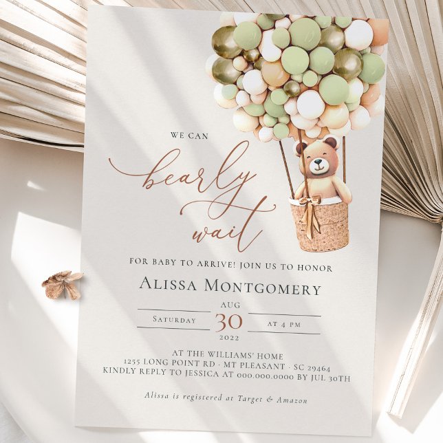 ¡Podemos Esperar! Invitación verde a Baby Shower (We can bearly wait ... green and gold, gender neutral baby shower invitation.)
