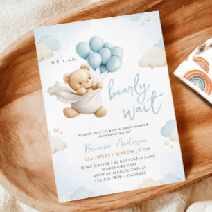Podemos esperar la invitación azul de Baby Shower