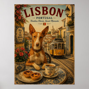 Podengo portugués en arte de viaje vintage de Lisb