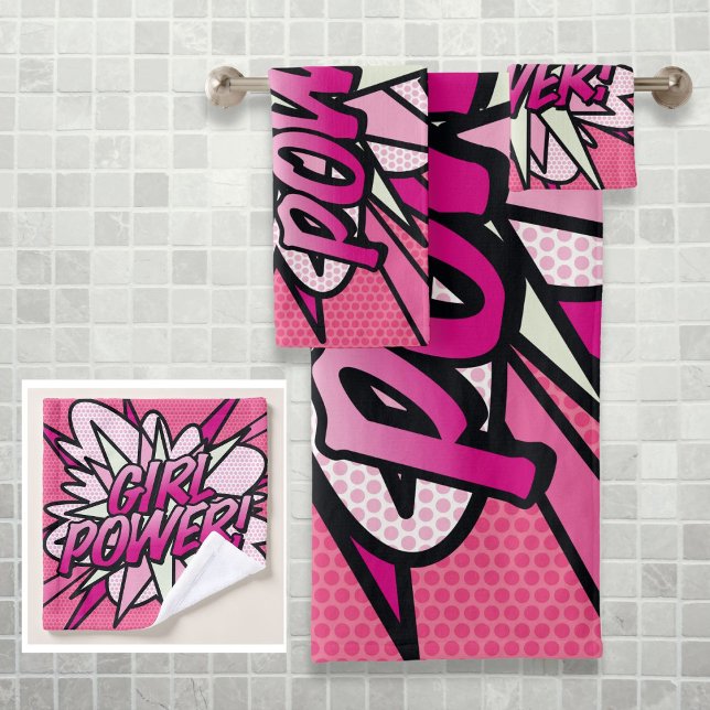PODER FEMENINO Arte Pop Retro Cómic Rosa Divertido (GIRL POWER Fun Retro Comic Book Pop Art Pink Bath Towel Set)