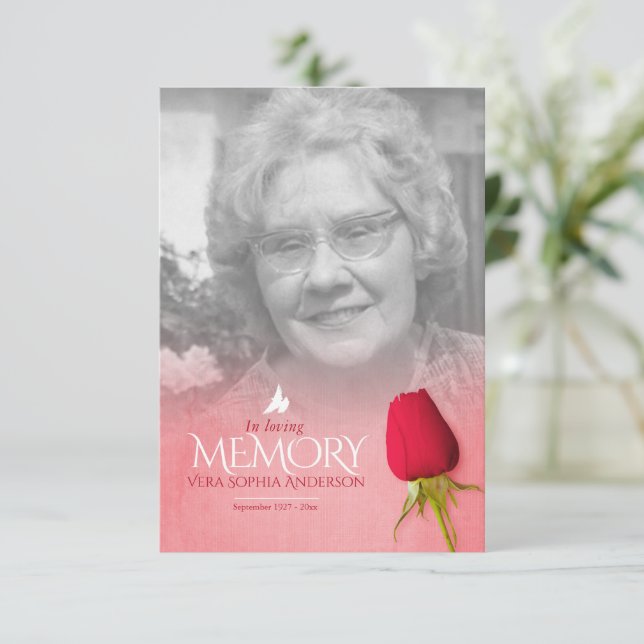 Poema de recuerdo de una rosa roja única funeral (Anverso de pie)