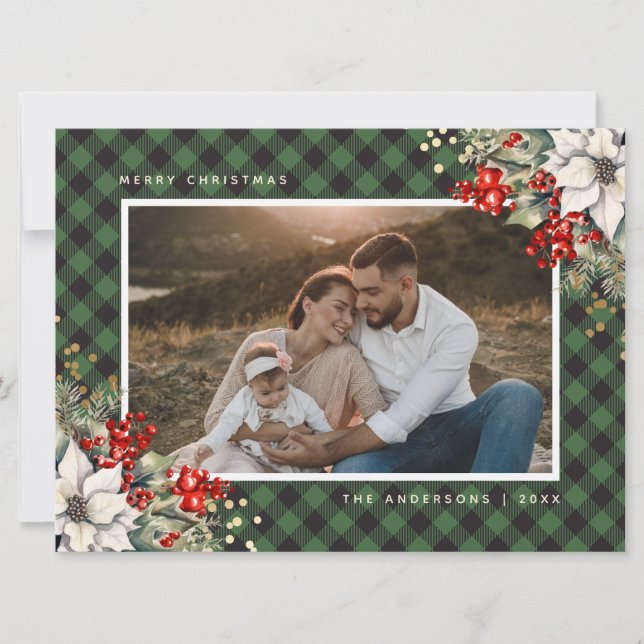 Poinsettia Acuarela Navidad Verde Foto Navidad (Anverso)