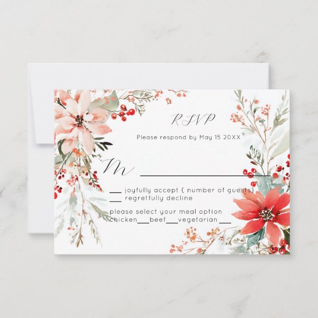Poinsettia floral de Navidad RSVP de boda (Anverso)