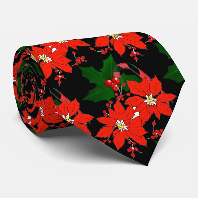 Poinsettia roja de Navidad en corbata negra (Enrollado)