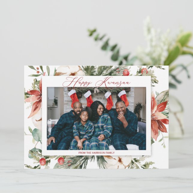Poinsettia roja Feliz Kwanzaa 2 Navidades de fotos (Anverso de pie)