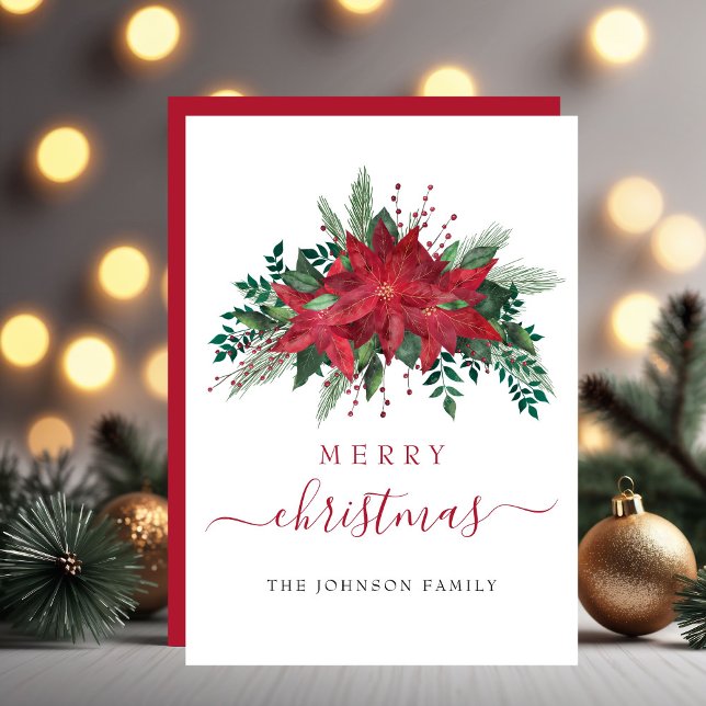 Poinsettia Roja Floral Feliz Navidad (Red Poinsettia Floral Merry Christmas Holiday Card)