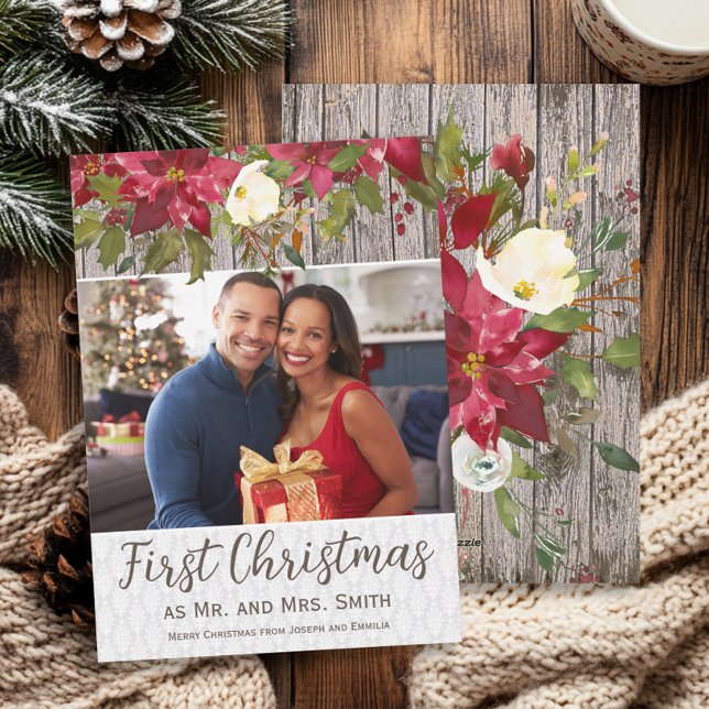 Poinsettia Rústico Madera Foto 1er Navidad Sr. Sra (Rustic wood and poinsettias 1st Christmas as Mr. and Mrs. photo greeting card)