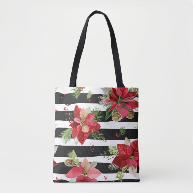 Poinsettias en negro, franjas blancas en bolsa (Anverso)