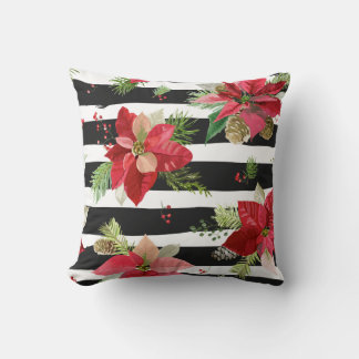 Poinsettias en negro, rayas blancas almohada