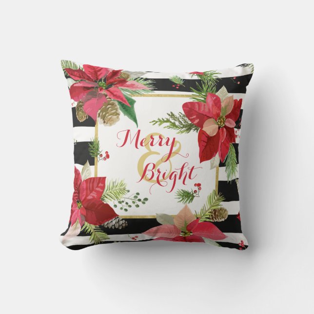 Poinsettias en negro, rayas blancas almohada 4 (Anverso)
