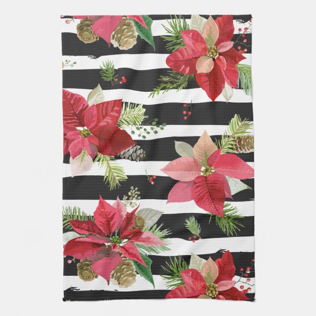 Poinsettias en toalla de cocina de franjas blancas (Vertical)