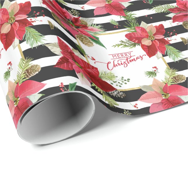 Poinsettias, papel de envolver a rayas negras (Esquina del rollo)