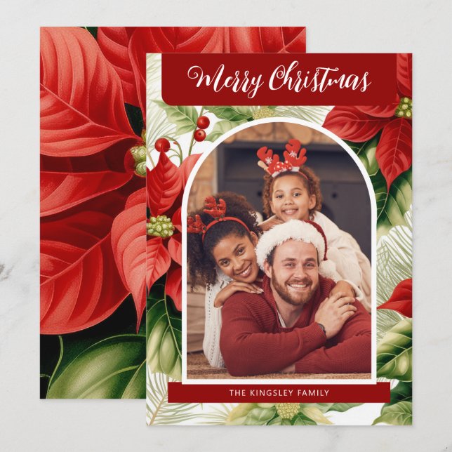 Poinsettias rojas Feliz Navidad Foto personalizada (Anverso / Reverso)