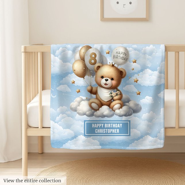 Polar Acuarela 8 años de manta con oso de peluche (Watercolor 8th birthday blanket with teddy bear)