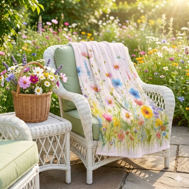 Polar Hermosa manta de felpa de flores silvestres rosada (Bask in garden calm floral throw, fresh blooms, and wicker charm invite a moment of peace.)