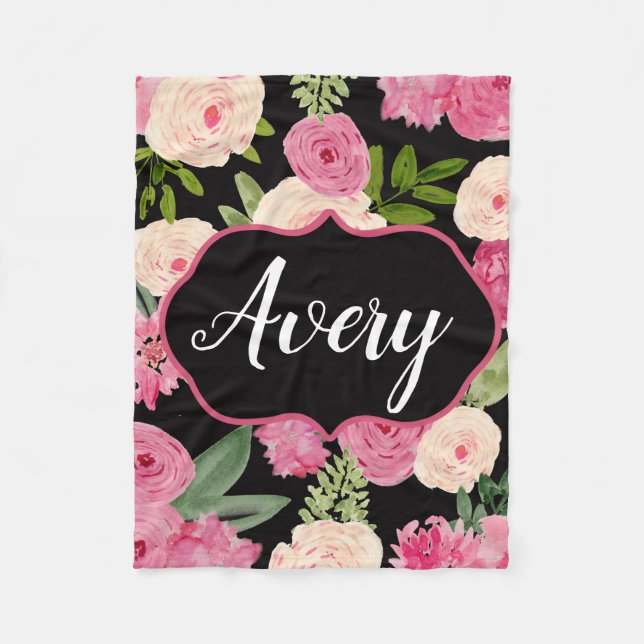 Polar La acuarela negra personalizada florece la manta (Anverso)