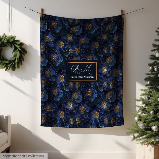 Polar Manta Azul Real Monograma Flores Doradas Modernas (Monogram Royal Blue Throw Modern Gold Flowers)