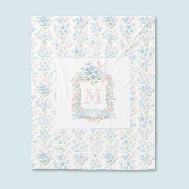 Polar Manta de felpa con acuarela floral personalizada (vintage preppy coquette grandmillennial pastel floral fleece blanket with custom monogram initial)