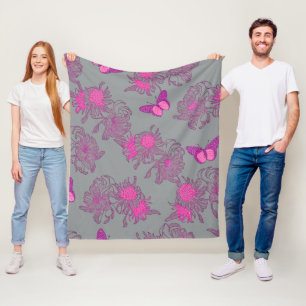 Polar Manta de felpa floral de mariposa rosa gris