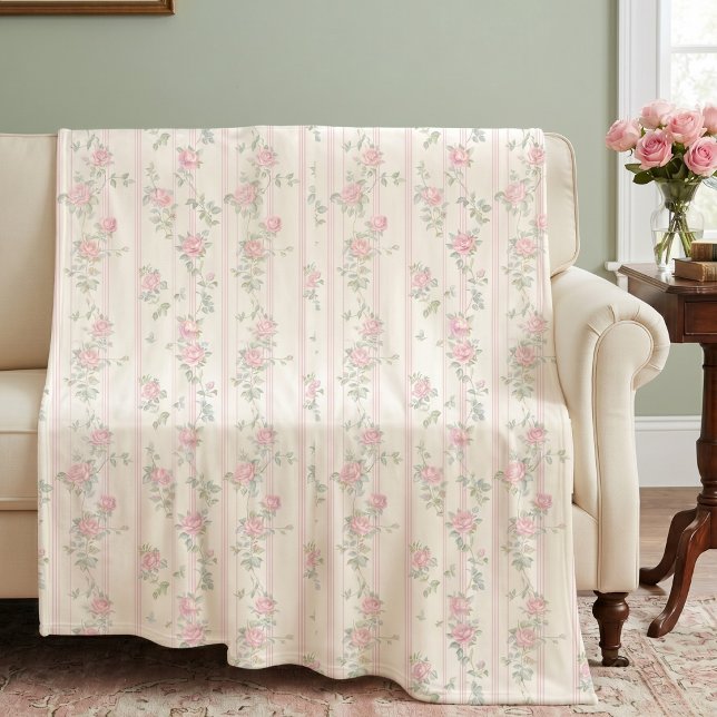 Polar Manta de felpa floral de rosa rosa (elegant coquette pink rose floral stripe fleece blanket)