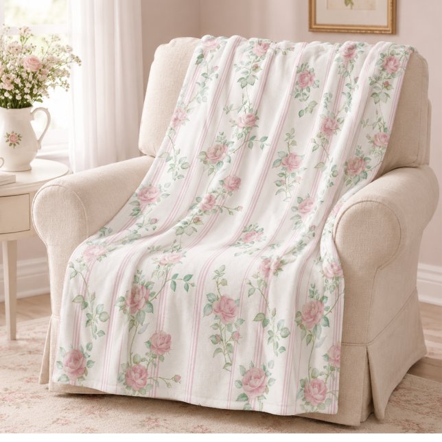 Polar Manta de felpa floral de rosa rosa (elegant coquette pink rose floral stripe fleece blanket)