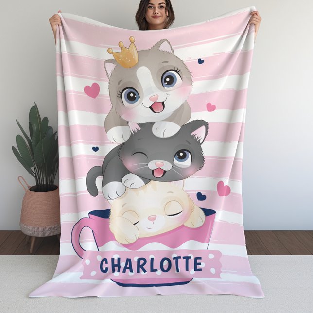 Polar Manta de niñas con gatos de dibujos animados y ray (Girls Blanket with Cute Cartoon Cats Pink Stripes)